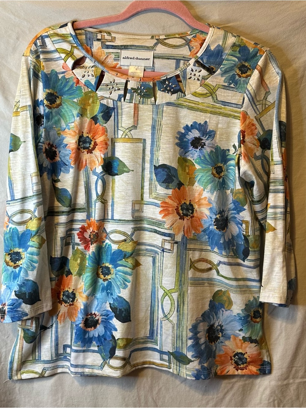 Alfred Dunner Floral Scoop Neck Long Sleeve Top in Blue, Orange, Cream